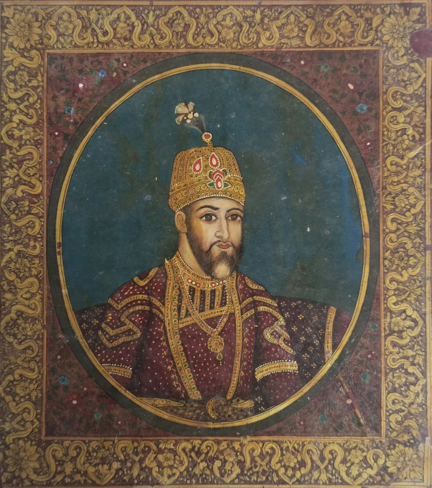 Miniature mughal painting of Emperor Akbar with Floral border